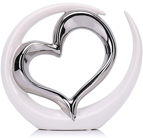 LCCCK Weiß und Silber Herz Statue Skulptur - Keramik-Herzdekoration für Wohnzimmer, Regal und Schreibtisch - Kleine Geschenke zur Hochzeit, Hochzeitstag Geschenk für Frau - Herz Deko für Liebeshütte