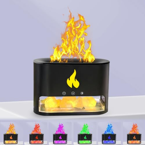 KIPIDA Flame Air Diffuser, Aroma Diffuser für ätherische öle, Smart 7 Farben LED Diffuser Luftbefeuchter mit Salzkristalle Flammeneffekt Luftreiniger USB Humidifier DuftöL Diffusor für Zuhause Büro