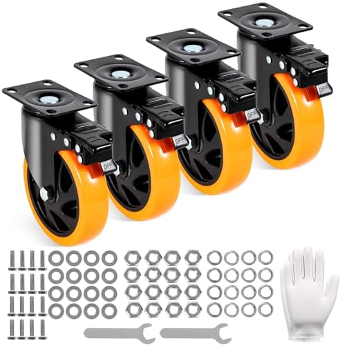 VEVOR Ruedas Giratorias con Placa Juego de 4 Ruedas para Muebles, Ruedas Silenciosas de PVC de 127 mm con Freno de Bloqueo A/B, Capacidad de Carga de 204 kg por Rueda para Carros de Banco de Trabajo