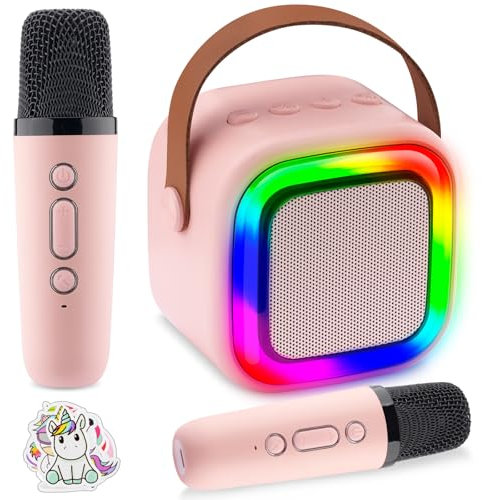Just4Fun Mini macchina per karaoke per bambini, giocattolo portatile Bluetooth con 2 microfoni wireless, giocattoli per karaoke per 4, 5, 6, 7, 8, 9, 10, 11, 12 anni, regali di compleanno, giochi per