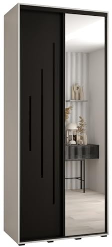 MEBLE KRYSPOL Davos 13 100 Schrank mit Zwei Schiebetüren für Schlafzimmer - Moderner Kleiderschrank mit Spiegel, Kleiderstange und Regalen - 235,2x100x45 cm - Weiß Schwarz Schwarz