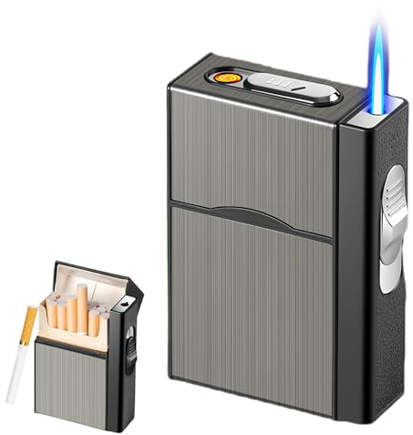 Vegena Zigarettenetui mit Feuerzeug, Feuerzeug Sturmfeuerzeug, Winddicht Jet Feuerzeug, Gasfeuerzeug Zigarettenetui mit Wiederaufladbarem USB, Sturmfeuerzeug Gas Nachfüllbar Kann 20 Fassen Zigaretten