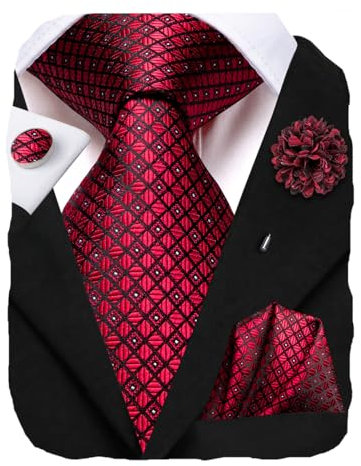 Hi-Tie Seidenkrawatten für Herren, gewebt, mit Einstecktuch, Manschettenknöpfen, Business, formelle Krawatte, Anstecknadel-Set, Rot-Schwarz kariert, Medium