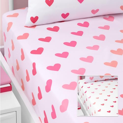 Catherine Lansfield So Soft Spannbettlaken für Doppelbett, Herz- und Streifenmuster, Rosa/Weiß, 2 Stück
