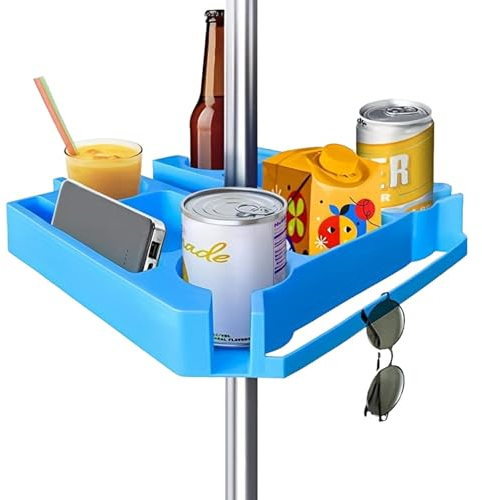 Terrassenschirm-Tischtablett, tragbares Schirmtisch-Tablett, 3 Snackfächer, Schirmtisch, Schirmtisch inklusive, 4 Getränkehalter, 2 Telefonfächer, Tischzubehör für Strand, Terrasse, Hof, Garten, Schwi