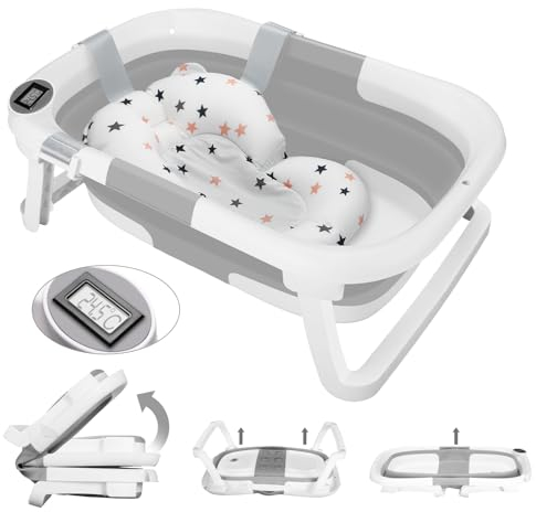Groß Faltbare Babywanne Mit Badematte, Duschkopfanschluss & Integriertem Thermometer - Ergonomisch, Platz Sparend, Tragbar für Babys Von 0-36 Monaten