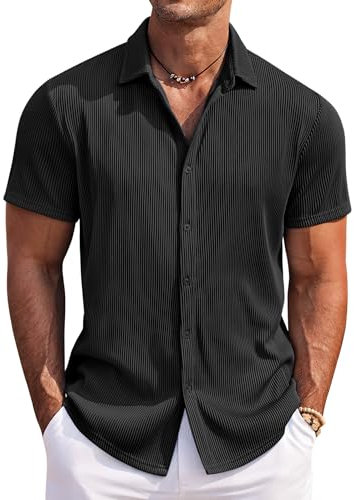 COOFANDY Camisa de hombre de manga corta, corte regular, camisa de verano, sin planchado, con botones, informal, para la playa, Negro , XXL