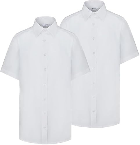 Trutex Boys White Short Sleeve School Shirts, 2 Pack – Regular Fit Easy Iron Cotton-Rich Uniform Shirts