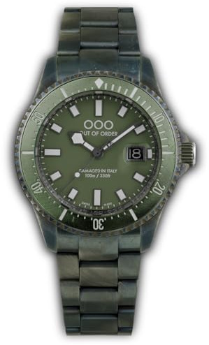 Out of Order CASA NOVA GRÜN Swiss Made Steel Quarz Datum Saphir Herrenuhr, silber / schwarz, Armband