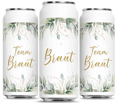 BETESSIN Dosen Aufkleber JGA - inkl. Braut und 11x Team Braut Aufkleber im Eukalyptus Design - Prosecco Dosen Sticker selbstklebend - Jga Sticker für Junggesellinnenabschied und Hochzeitsdeko