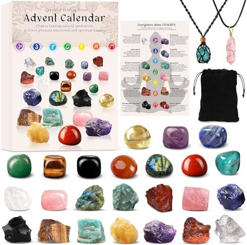 Adventskalender 2024 Kristalle, Weihnachts Countdown mit 24 Chakra-Kristallen und Identifikationsblatt, Perfekt zum Lernen, Sammeln und Dekorieren. Geschenkidee für Frauen und Kinder