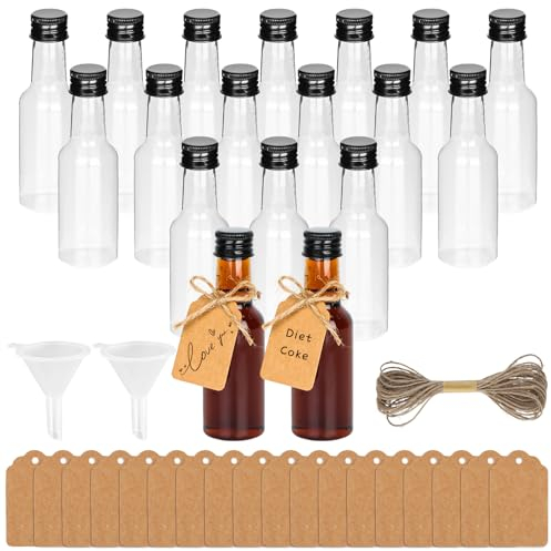 Lot de 18 mini bouteilles de liqueur en plastique de 50 ml - Petites bouteilles à remplir avec 2 mini entonnoirs - 18 étiquettes en papier kraft et 5 m de ficelle de chanvre - Petites bouteilles