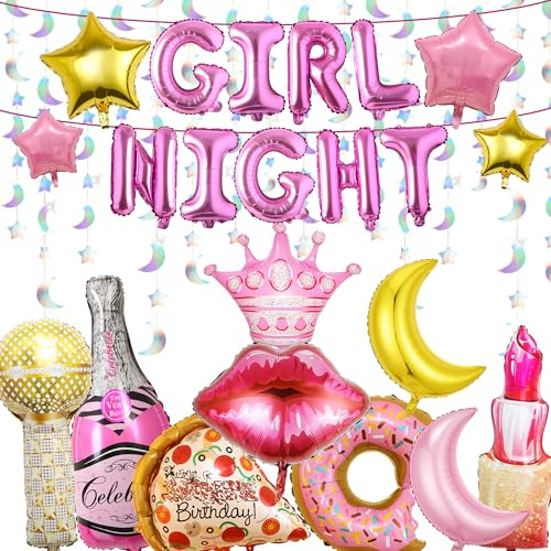 24 Stück Party-Dekorationen für Mädchen – Girlande, Nachtballons, Banner, Krone, Lippenstift, Lippe, Donut, Pizza, Stern, Mond, Folienballons, Girlande für Schlummer, Pyjama, Übernachtung, Spa