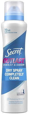 Secret Outlast Dry Spray Antiperspirant Deodorant for Women, 72hr Sweat & Odor Protection, PH Balancing Minerals, Completely Clean Scent, 4.1 oz