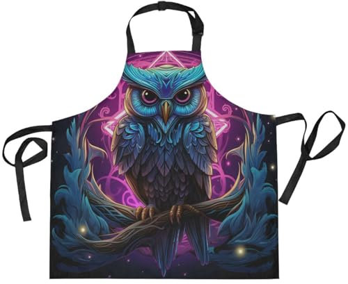 KAAVIYO Coole Lila Eule Schürze für Das Kochen Küchenschürze Latzschürze Kochschürze mit 2 Taschen Verstellbarer Umhängeband für Backmänner Kellner Männer Frauen Koch