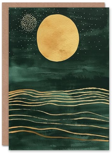 Artery8 Greeting Card Boho Abstract Full Moon Dark Green Gold Seascape Blank For Him Or Her Art Birthday Card