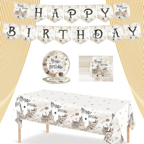FIDWALL Ensemble de Vaisselle de Fête de Magicien, Décorations Magiques avec Assiettes 7 pouces, Serviettes, Nappe, Bannière et Rideau à Franges Dorées pour Anniversaires, Événements et Célébrations