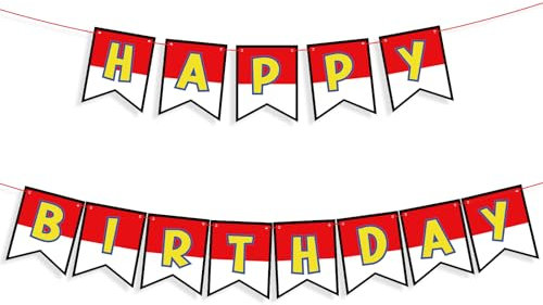 Cartoon-Banner für Geburtstagspartys in Rot Weiß und Gelb, Ultradickes Papier Cartoon-Geburtstagsbanner Verstellbarer Abstand Perfekte Geburtstagsdekoration(Kein Selbstbasteln Erforderlich)
