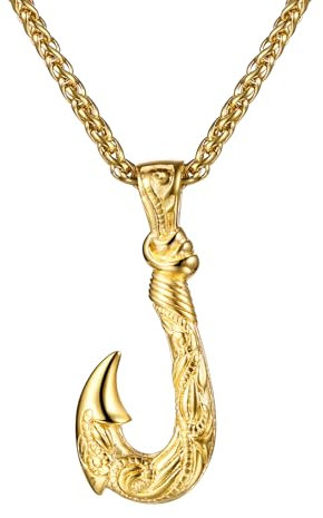 Oidea Men's Fish Hook Necklace: Vintage Gothic Hip Hop Punk Hawaiian Fish Hook Pendant Necklace Stainless Steel Fishing Necklace Jewelry Christmas Father's Day Birthday Gifts, Gold