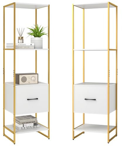 HOMASIS Wandregal mit 4 Ebenen und Schublade, vertikales Bücherregal mit Säule aus Holz, Metallrahmen, Eckregal für Wohnzimmer, Arbeitszimmer, Küche, 45 x 35 x 160 cm (Weiß)