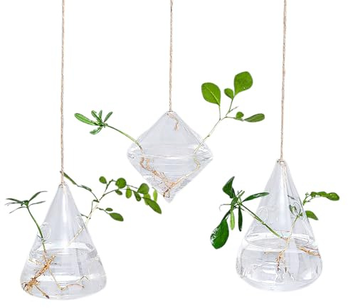 ZHDOKA Lot de 3 Pots de Fleurs Suspendus en Verre, Stations de Propagation de Plantes Transparentes, Mini Vases Hydroponiques Modernes à Suspendre au Mur avec Cordes pour la