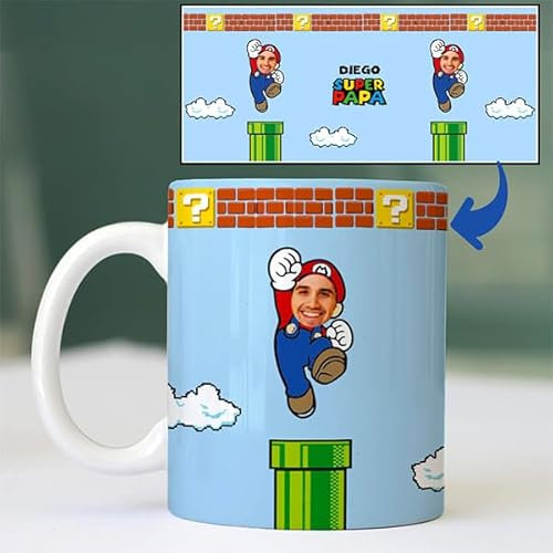 Transparent Gift Taza Personalizada con Foto Super Papá. Super Mario. Regalo Personalizado Día del Padre. Tazas Personalizadas con Foto. Regalos Originales para Hombre. Regalos Personalizados con Foto