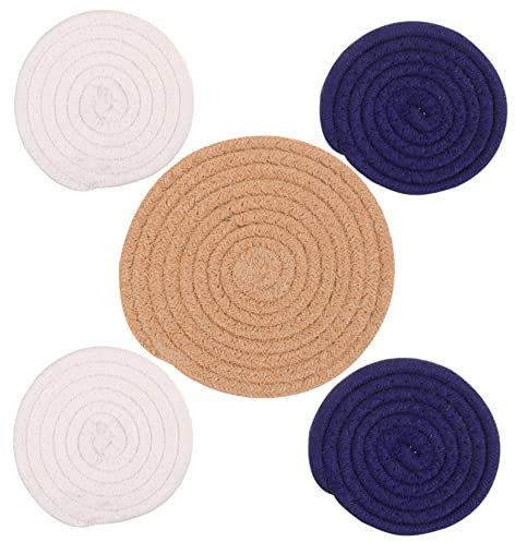 Cabilock 5pcs Cotton Rope Braided Placemats Round Wipeable Heatproof Decorative Place Mats
