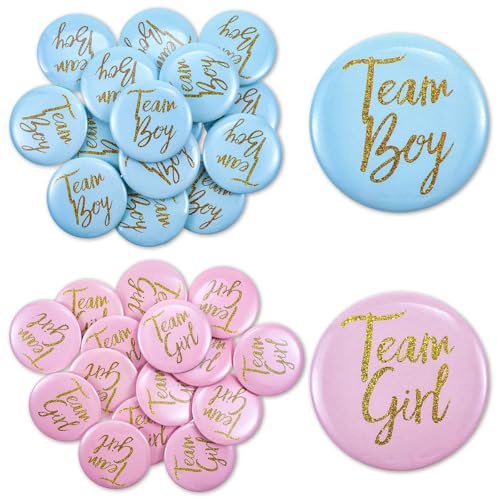 Ouligay 30 Stück Geschlecht Offenbar Button 4,5cm Gender Reveal Party Deko Team Boy und Team Girl Pin Abzeichen Rund Pinback Knopf Pins für Baby Shower Party Dekoration Zubehör (Blau und Rosa)