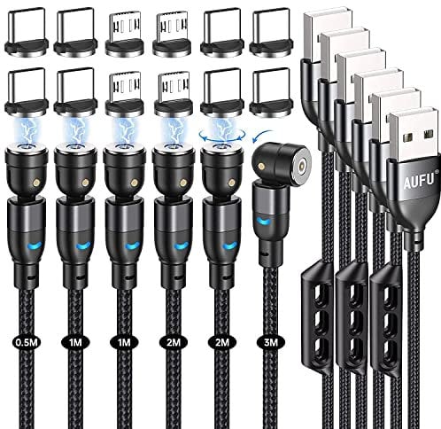 AUFU Cable de carga magnético, 6 unidades, 0,5 m, 1 m, 2 m, 2 m, 3 m, cable magnético USB C, giratorio 360° y 180°, cable magnético con micro USB/tipo C para smartphone