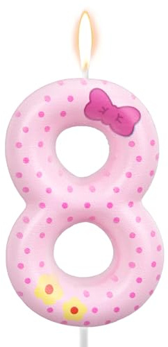 Pink Bow Number Birthday Candles, Polka Dot Candles Cartoon Cat Birthday Decorations Candle Cake Topper for Girls Women Wedding Anniversary Party Supplies (Number 8)