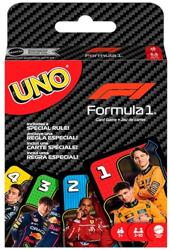 Mattel Games UNO F1 Kartenspiel, ab 7 Jahren, 2-10 Spieler | Mit Formel 1-Designs und Spezialregel „Überholmanöver“. Für Kinder, Teenager und Familienabende, JMF10