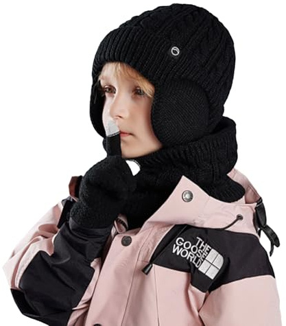 Fjquamitix Kids Winter Hat Scarf and Gloves Set,Warm Thermal Knitted Beanie Cap（with Earmuffs） Snood Neck Warmer Touchscreen Mitten with Soft Fleece Lining for Girls Boys Age 4-10 (Black)