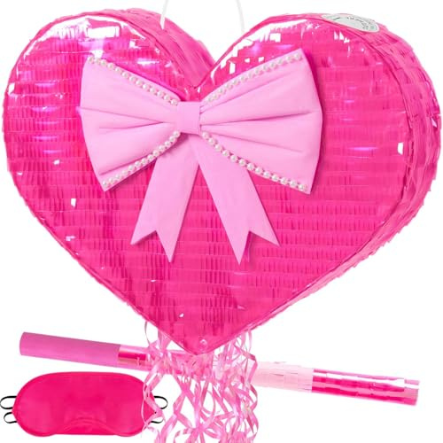 WERNNSAI Herz-Piñata – Valentinstagsparty-Dekoration, rosa herzförmige Pinata mit Augenbinde, Stab für glänzende Geburtstagsdekoration, Hochzeit, Junggesellinnenabschied, Zugschnur