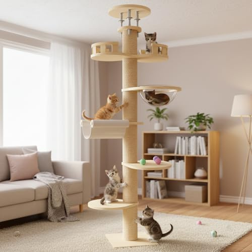 Katzenbaum vom Boden bis zur Decke, höhenverstellbarer Katzenturm, 6-stufiger Kratzbaum mit Hanfseil, Stabiler Katzen Aktivitätsbaum, Katzenkratzbaum für Innen und Außen (Natürliche Holzfarbe)