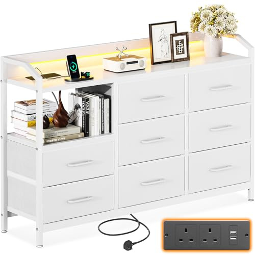 ODK Chest of Drawers Bedroom, 8 Fabric Drawers, 110x30x88cm, White | with LED Light trip with 10 Adjustable Colors and 2 USB and 2 AC Outlets, Suitable for Bedroom, Living Room