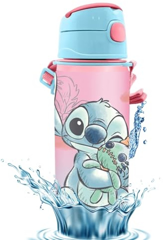 SRV Hub 600ml Disney Stitch Kids Water Bottle with Straw – Aluminium Leak Proof Stitch Drinking Bottle with Carry Strap, BPA Free Metal Water Bottle for Girls & Boys, Back to School & Gift for Kids