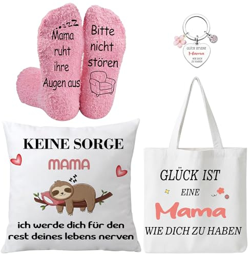 Apparlxer Muttertagsgeschenk Set,4-tlg Mama Geschenke mit Flauschigen Socken Jutebeutel Schlüsselanhänger Kissenbezug,Muttertags Geschenk für Beste Mama der Welt