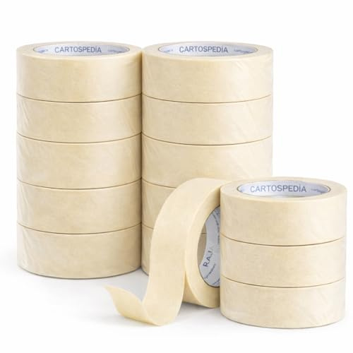 12 Scotch di Carta (50 mm x 50 mt) GARANTITI e RESISTENTE - Adesivo in Gomma Naturale Senza Residui - Nastro Carta Ideale per Pittura, Ristrutturazione, Carrozzeria e Non Solo