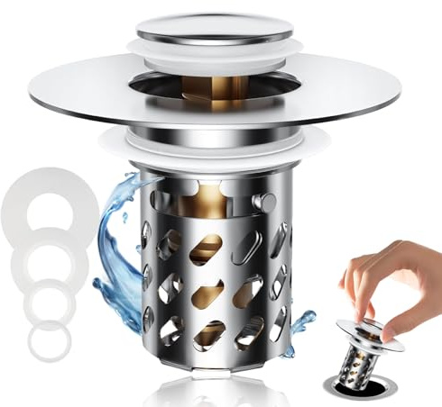 Bathroom Pop Up Sink Plug with Removable Stainless Steel Filter Basket | Upgraded 3 in 1 Universal Basin Plug Replacement, Hair Catcher, Sink Plug for 28-45mm Basin Hole, Brass Bullet Core