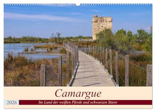 Camargue - Im Land der weißen Pferde und schwarzen Stiere (Wandkalender 2026 DIN A2 quer), CALVENDO Monatskalender: Landschaftsidyll in schwarz-weiß-rosarot (CALVENDO Orte)