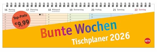 Bunte Wochen Wochenquerplaner 2026: Übersichtlicher Umklapp-Kalender 2026 mit farbig markierten Tagen. Tisch-Kalender für den Schreibtisch. (Bunte Wochen Planer Heye)