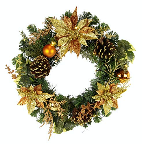 Dekorierter Weihnachtskranz mit LED Beleuchtung, Amaryllis, Beeren, echten Zapfen Zweige und Glitter Kranz Türkranz Tannenkranz Blumenkranz
