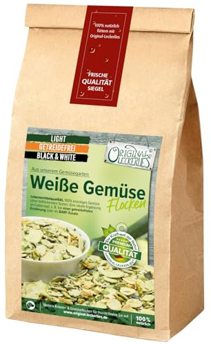 ORIGINAL LECKERLIES Weiße Hunde Gemüse-Flocken Black&White, 1 kg getreidefreie Gemüseflocken, Hundeflocken, Barf Zusatz Hund Hundefutter – Naturprodukt für Hunde