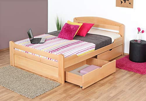 Jugendbett Easy Premium Line K5, inkl. 2 Schubladen und 1 Abdeckblende, 140 x 200 cm Buche Vollholz massiv Natur, inkl. Lattenrost