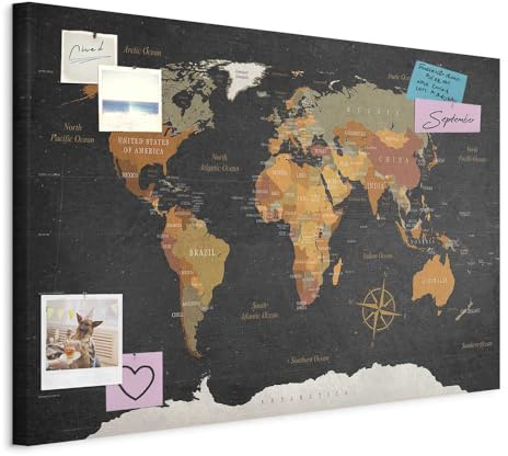 murando Tableau à Épingles, Panneau en Fibres de Bois Carte du Monde 90x60 | Punaises Incluses, Panneau et Tableau sur Toile 2-en-1, Décoration Murale, Idéal pour Notes au Bureau, Idée Cadeau