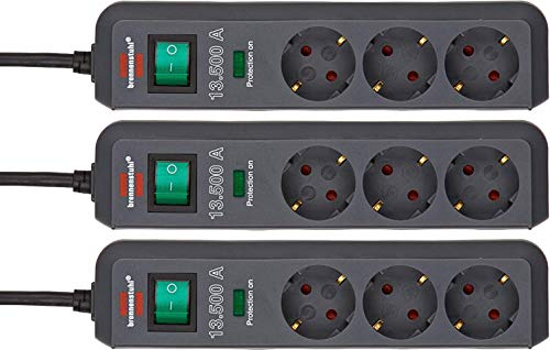 3er Pack Brennenstuhl Eco-Line, Steckdosenleiste 3-Fach mit Überspannungsschutz (mit Schalter und 1,5m Kabel - besonders stromsparend) Farbe: anthrazit