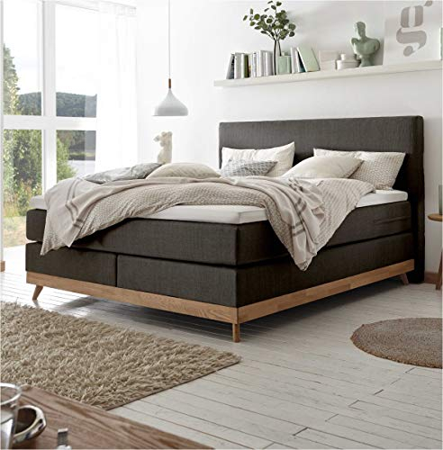 Hasena Boxspringbett Scandia Eiche Bianco|Stoff anthrazit 180x200 Topper Base (Liegekomfort: fest)