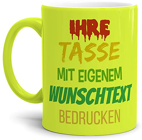 Tasse selbst gestalten/mit eigenem Text beschriften/Wunsch-Name/Spruch-Tasse/Neon Gelb/Links & Rechts vom Henkel bedruckt
