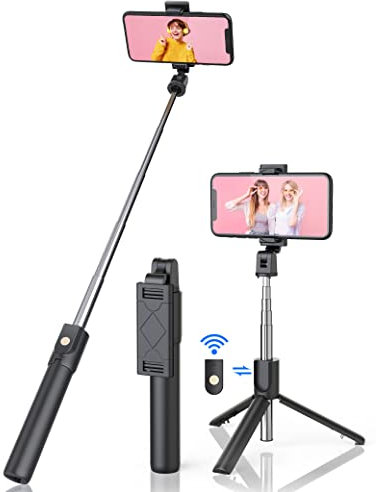 Jumkeet Perche Selfie Bluetooth, 3 en 1 Mini Trépied Smartphone Monopode Stick Télescopique avec Télécommande Matériau Alliage d'Aluminium pour iPhone 15 14 13 12 11 Pro Max/XS/XR/X/8 Samsung, Huawei