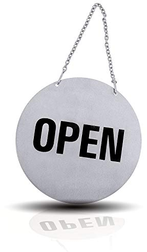 Kerafactum Open Closed Tür Schild Hinweis Hinweisschild Türschild Geöffnet oder Geschlossen mit Kette Rund aus gebürstetem Edelstahl Matt glänzend Sebsthängend US Style